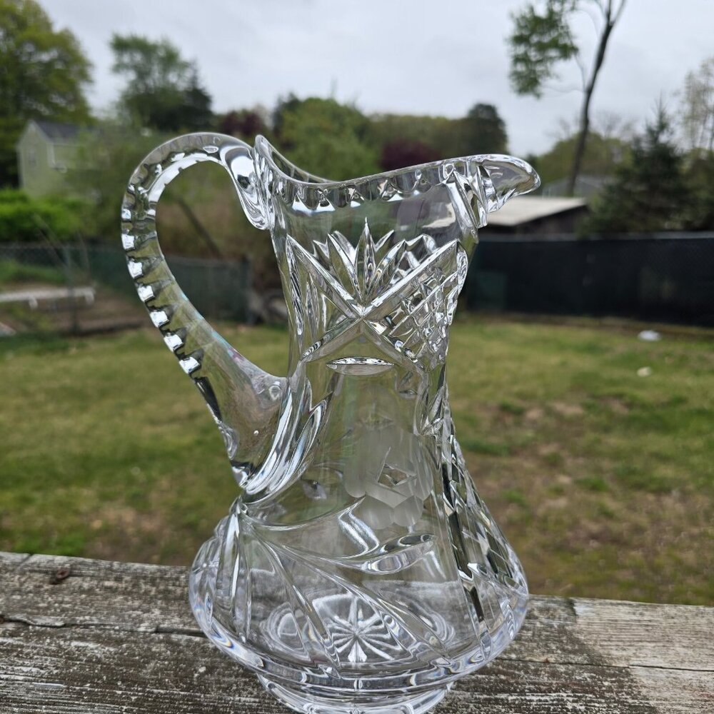 Etched Heavy Cut Crystal Pitcher Decanter Handle Floral Motif - Picture 3 of 14